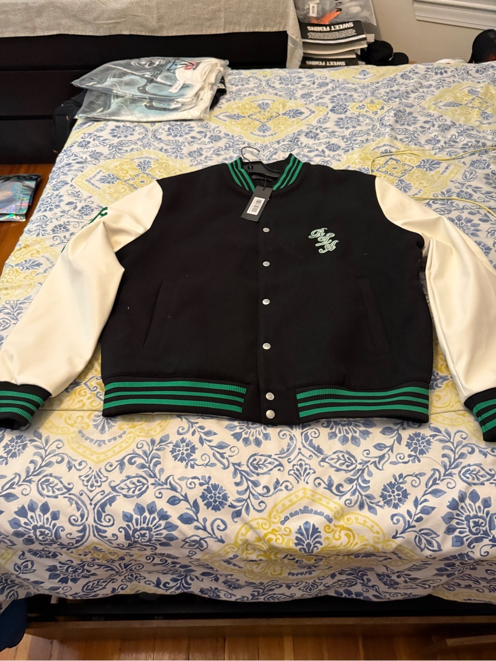 RTA Men's Black & Cream Varsity Jacket with Green Trim